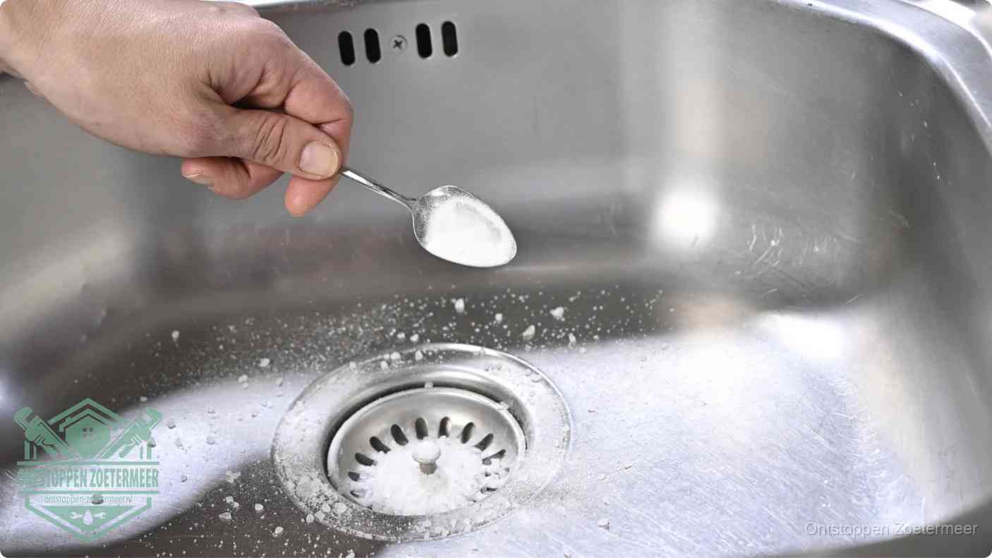 Een hand strooit met een lepel soda in de afvoer van een roestvrijstalen spoelbak, de soda en azijn huismiddel-methode om de afvoer te ontstoppen in Zoetermeer