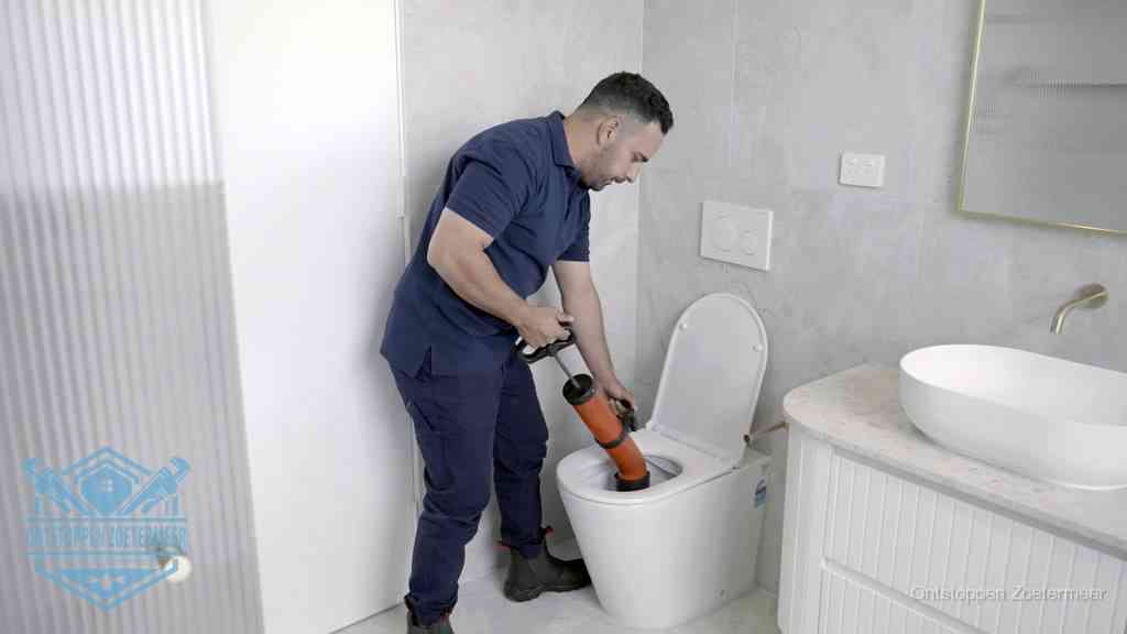 Een monteur buigt over een wandcloset en duwt met de hand een persluchtontstopper in de toiletpot om de verstopping handmatig los te maken in Zoetermeer