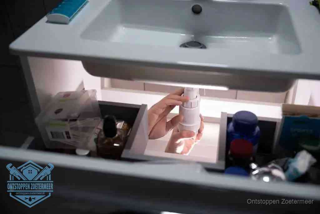 Een pompfles met zeep boven een wastafel in de toiletruimte, de warm water en afwasmiddel-methode om de wc te ontstoppen in Zoetermeer