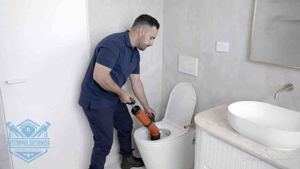 Een monteur gebruikt een handmatige perspomp (toiletontstopper) op een wandcloset tijdens het professioneel wc ontstoppen in Zoetermeer