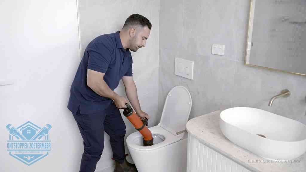 Een man gebruikt een handmatige luchtdruk-ontstopper in een modern betegeld toilet om zelf de wc te ontstoppen in Zoetermeer
